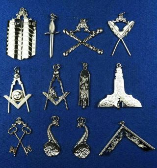 Masonic - Blue - Lodge - Officer - Collar - Jewels - Set - Of - 12 - Silver,  Die Cast Best Quality