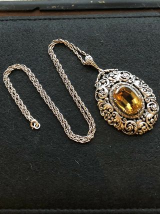 Arts And Crafts Gothic Vintage Sterling Silver Citrine Statement Pendant & Chain