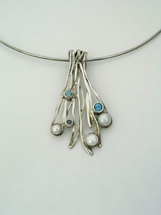 Hagit Gorali Israel - Modernist Sterling Silver / Pearl Necklace W/ Blue Stones