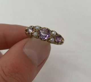 9ct Gold Amethyst & Seed Pearl Victorian Style Large Heavy Ring 9k 375.