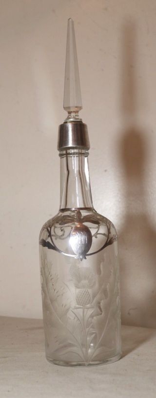 Antique Sterling Silver Overlay Etched Crystal Liquor Decanter Bottle Glass.