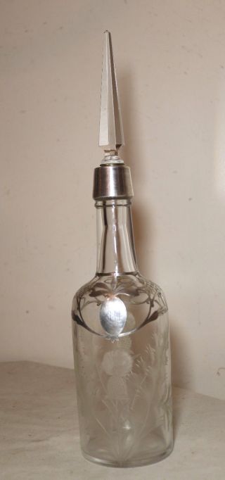 antique sterling silver overlay etched crystal liquor decanter bottle glass. 2