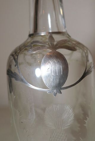antique sterling silver overlay etched crystal liquor decanter bottle glass. 3