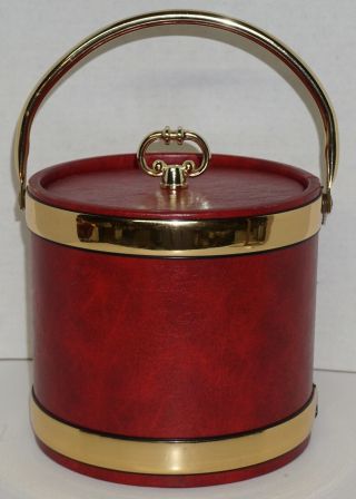 Mid Century Vintage Kraftware Red Leatherette & Gold Ice Bucket