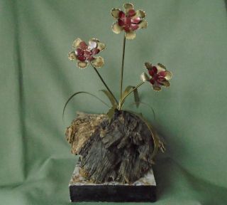 Vtg 9.  5 " Poppy Flower Leaves Copper Art Sculpture Drift Wood 1960 