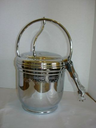Vintage United Chromium On Solid Brass Ice Bucket Glass Lined Grape Design Tongs