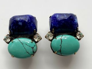 Iradj Moini Signed Lapis Turquoise Gemstones With Faux Diamond Clip Earrings