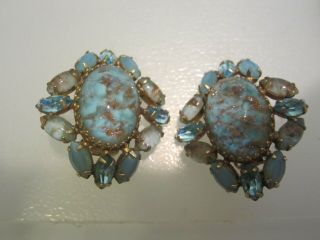 Schreiner Exquisite Aqua Rhinestone And Art Glass Stone Earrings
