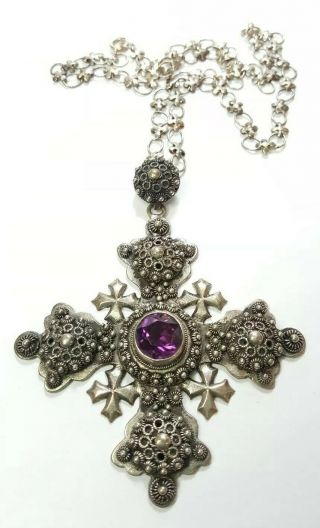 Vintage Large Silver Jerusalem Cannetille Cross And Chain 2 - 7/8 "