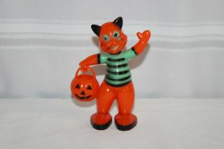 Vintage Rosbro Rosen Hard Plastic Halloween Cat Candy Container Pumpkin Jol