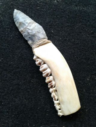 6 - 1/4  Flint Knife Jaw Bone Handle Arrowhead Knapping Art Black Powder Indian