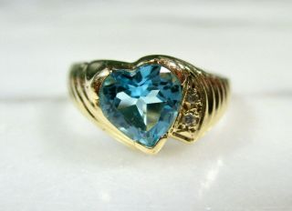 Vtg Faceted Heart Shape Blue Topaz Diamond 14k Yellow Gold Cocktail Ring Sz 6.  5
