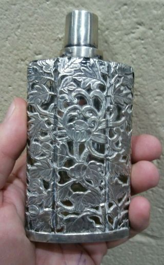 Ornate Antique Chinese Sterling Silver Overlay & Glass Gentleman 