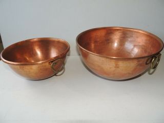 2 Vintage Different Size Round Copper Mixing Bowls W/ Brass Handles
