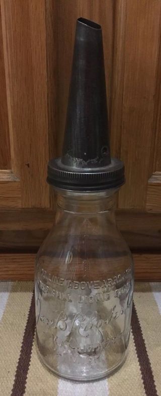 Vintage Glass Motor Oil Bottle W/tin Spout - Jay B Rhodes,  Kalamazoo,  Mich Gas