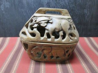 Vintage African Hand Carved Oval Olive Wood Bowl & Lid - Elephant,  Ox,  Rhino