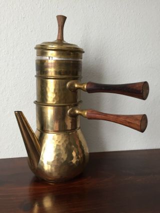 Vintage Italian Hammered Copper Drip Coffee Pot With Brown Wooden Side Handle