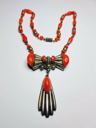 Stylish Art Deco Chromed And Coral Glass Bauhaus Necklace 1930