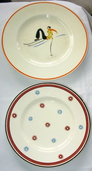 Two Vintage Susie Cooper Plates,  Art Deco Skier,  Starburst Pattern