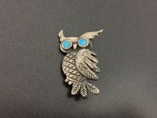 Vintage Southwestern Sterling Silver Turquoise Owl Pin Brooch