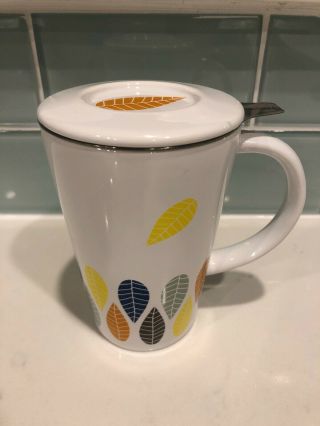 Davids Tea Mug White With Colourful Leaves With Lid & Infuser