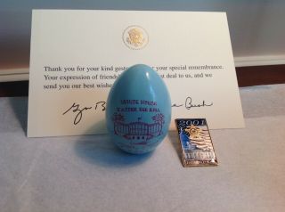 2001 Bush White House Easter Egg Blue,  Inaugural Pin,  Card