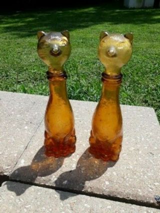 2 Unique Vintage Amber Glass Cat Bottles Bubbles Decanters Figurines Mid Century