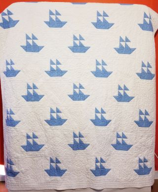 Vintage 67 " X 87 " Hand Pieced & Quilted Blue Sailing Ships On White (c) 1960 