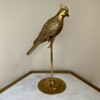 Vintage Solid Brass Bird Perching On Stick 14” Tall Decor