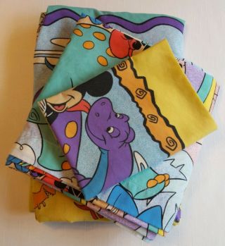 Vtg Disney Mickey Minnie Mouse Dinosaur Twin Sheet Set Flat Fitted & Pillowcase
