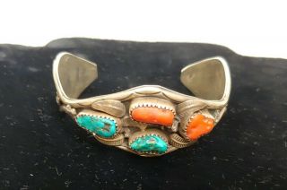 Vintage Navajo M Bahe Sterling Silver Turquoise And Coral Cuff Bracelet