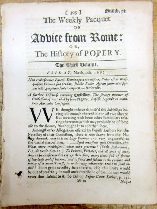 1682 London England Newspaper 340 Years Old - Weekly Pacquet Of Advice