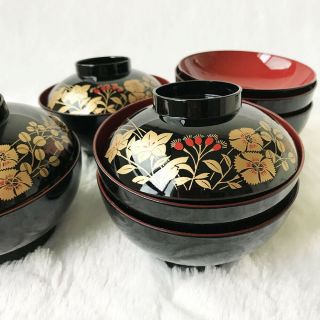 Japanese Vtg Old Lacquer Ware 6 Covered Bowls Lidded Black Red Flower Gold Makie
