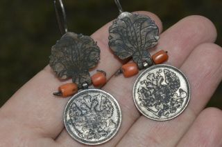 Antique Faberge Design Imperial Russian Silver 84 Earrings Ethnic Coral Salmon