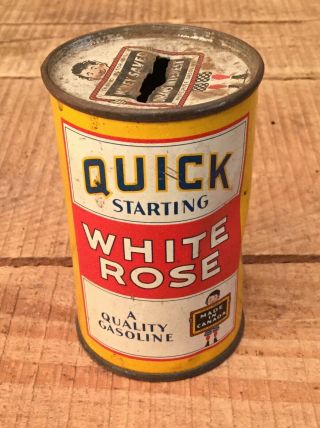 Vintage White Rose Gasoline Motor Oil Tin Can Promo Advertising Money Bank 3”
