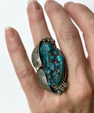 Huge Long Vintage Native American Navajo Sterling Silver Turquoise Ring 17 Grams