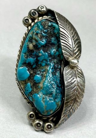 HUGE LONG Vintage Native American Navajo Sterling Silver Turquoise Ring 17 Grams 2