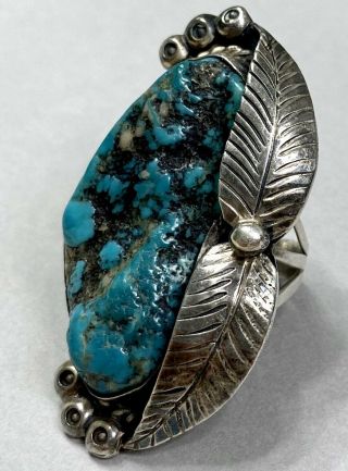 HUGE LONG Vintage Native American Navajo Sterling Silver Turquoise Ring 17 Grams 3
