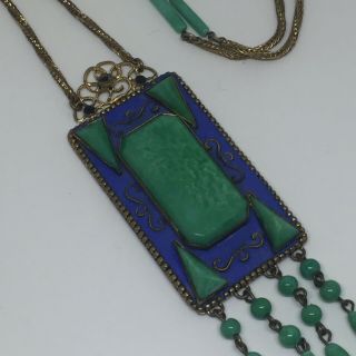 Vintage Art Deco Czech Green Glass & Blue Enamel & Blue Paste Necklace