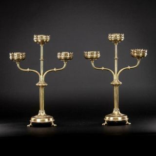 Candelabra Pair | Two French Candle Holders | Gothic Gilt Brass Three Arms | 13 "