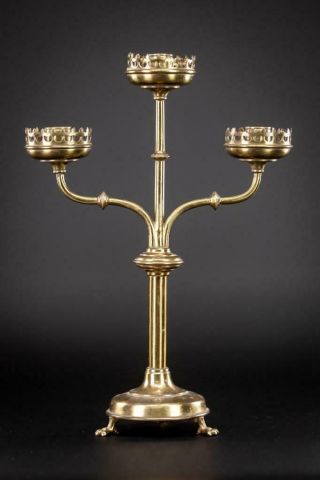 Candelabra Pair | Two French Candle Holders | Gothic Gilt Brass Three Arms | 13 
