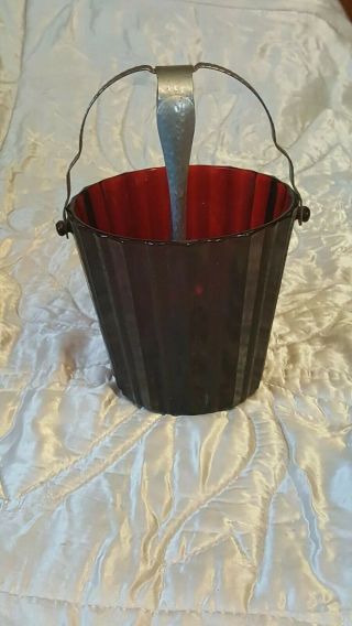 Ruby Red Art Deco Cubist Vintage Red Glass Ice Bucket With Metal Handle