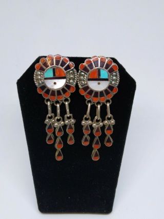 Huge Vintage Sterling Silver Turquoise Coral Zuni Sun - Face Earrings Dangles