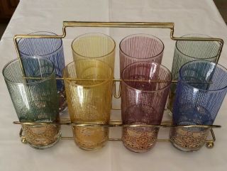 Vintage Mid Century Highball Glasses With Caddy Cocktail Glasses,  Multicolored