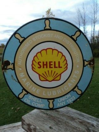 1933 Shell Marine Lubricants Porcelain Gas Pump Sign,  Shell Oil Co.