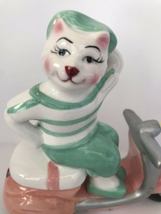Vintage Clay Art Salt And Pepper Shakers Cat On Pink Scooter