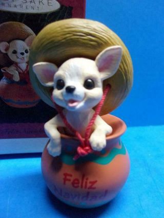 Hallmark 1994 Feliz Navidad Christmas Ornament Chihuahua Dog In Clay Pot