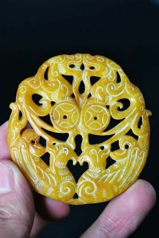 Chinese Old Jade Double - Sided Carved Dragon&phoenix Luckypendant H6