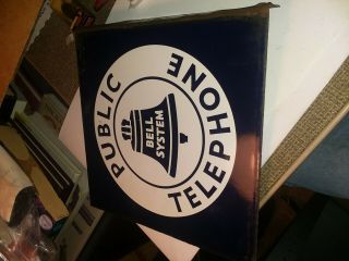 Vintage BELL SYSTEM PUBLIC TELEPHONE Porcelain 2 Sided Sign Flange Side 11 