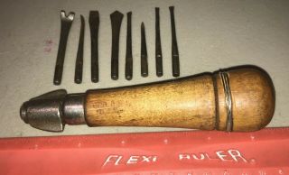 Vintage Buell Bros.  Multi - Bit Tool Wood Handle Storage Chisel Nail Puller Awl